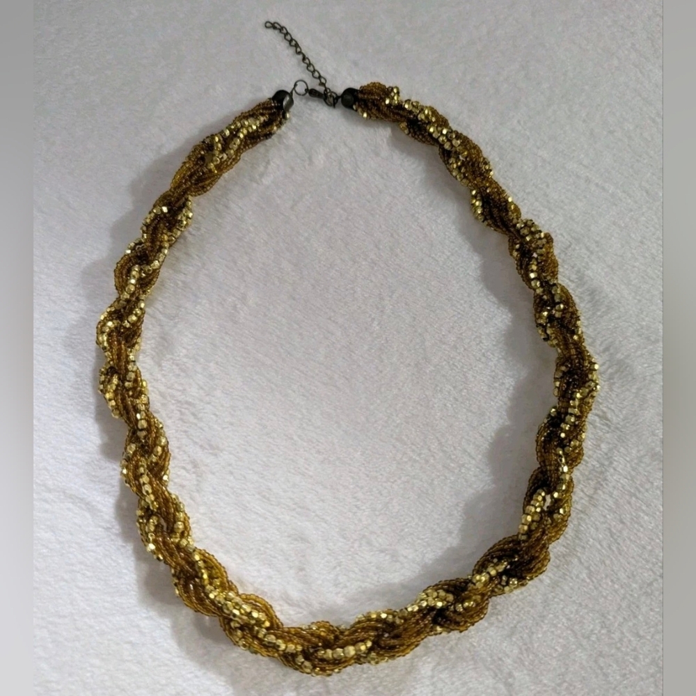 Vintage choker necklace, Multi strand twisted beads, Brown Golden Jewelry
